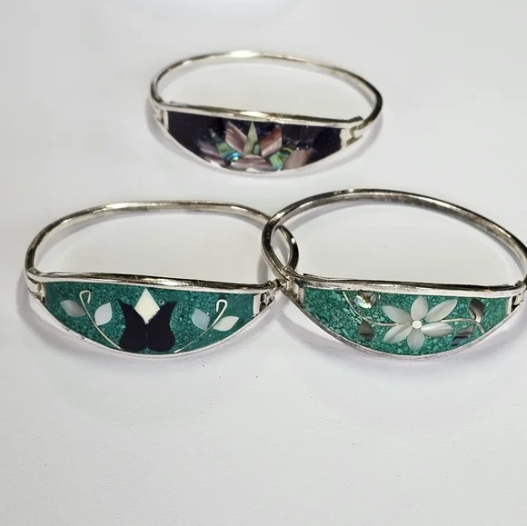 Vintage 3 Crushed Turquoise & Abalone Alpaca Silver Bracelets! - Picture 2 of 10